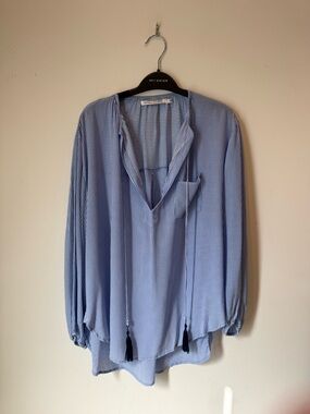 Faithfull the Brand Light Blue Thin-Striped V-Neck Tassel Tie Blouse